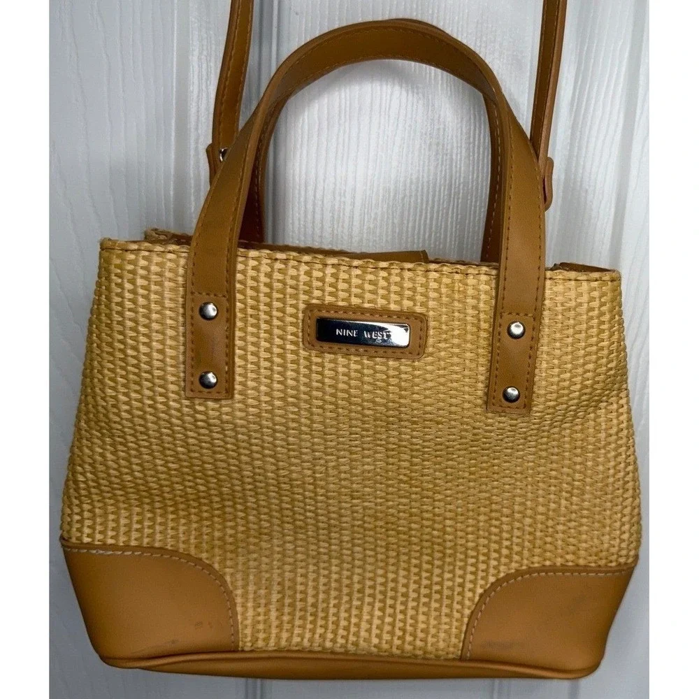 Nine West Straw Woven Tote‎ Handbag Crossbody Bag Tan Leather Trim