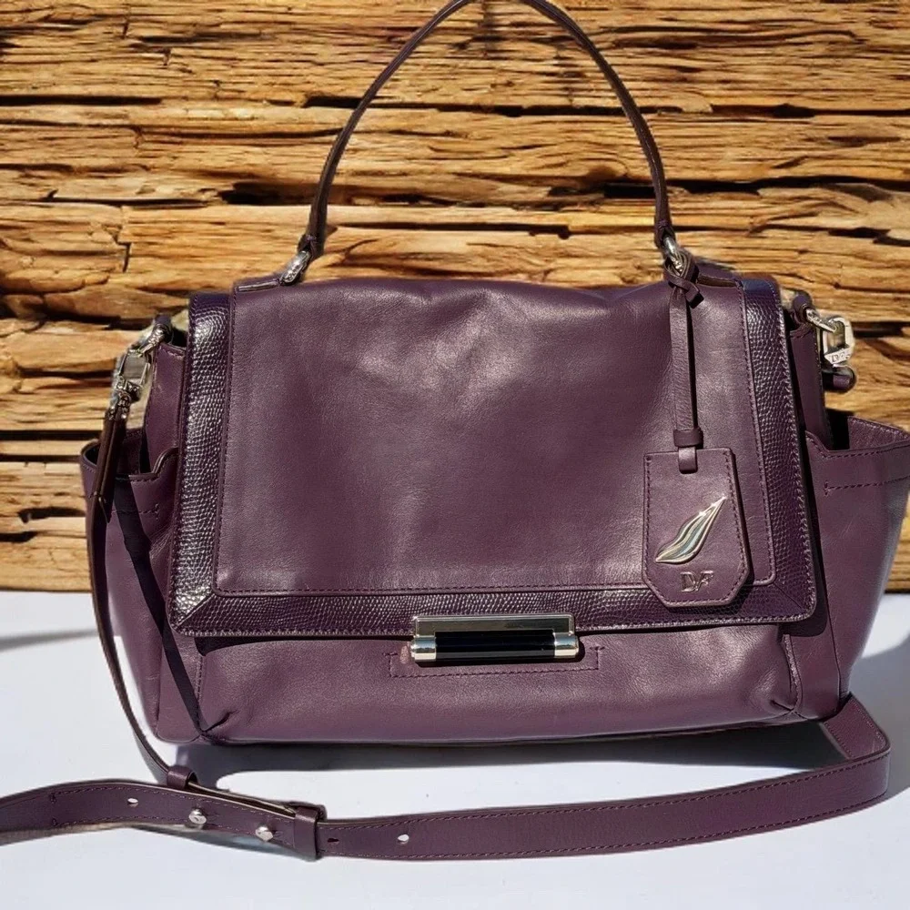 Rare‎ Diane Von Furstenberg Purple 440 Courier Leather Bag Prune Satchel DVF