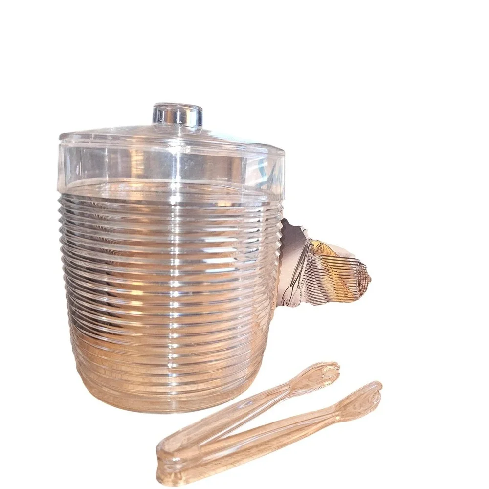 Vintage 1980s Spotlights Clear Ribbed Acrylic Ice Bucket with Lid and‎ Tongs USA