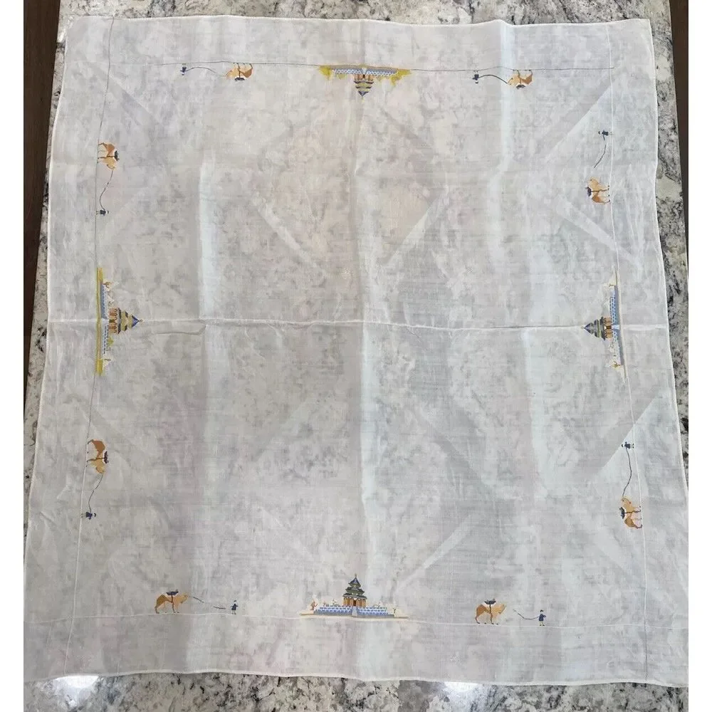 Vintage Hand Embroidered Cross Stitch Tablecloth Arabian camels Taj Mahal Read‎