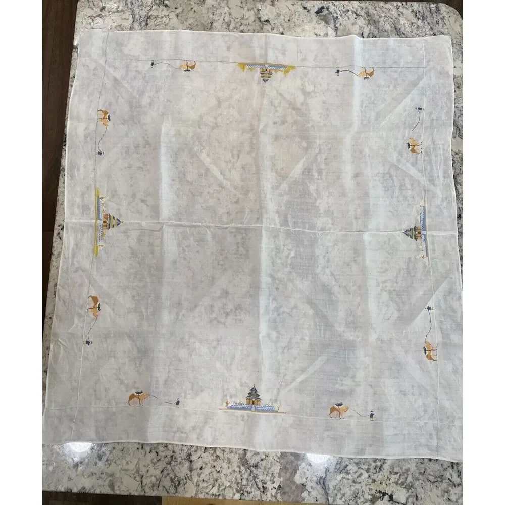 Vintage Hand Embroidered Cross Stitch Tablecloth Arabian camels Taj Mahal Read‎