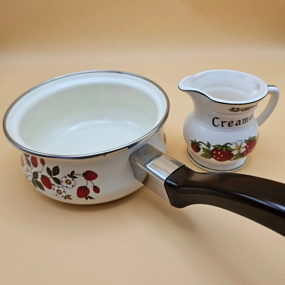 Sheffield Strawberries n‎ Cream Enamel Saucepan Pot with Creamer Pitcher Set