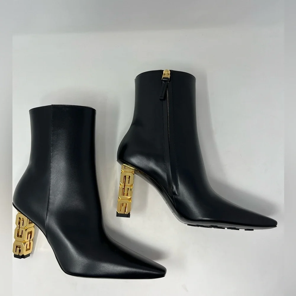NIB Givenchy G Cube 85 Leather Ankle Boots Pointed Toe Black Gold Heel size 37.5