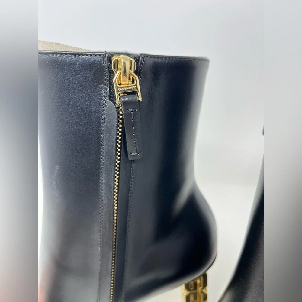 NIB Givenchy G Cube 85 Leather Ankle Boots Pointed Toe Black Gold Heel size 37.5