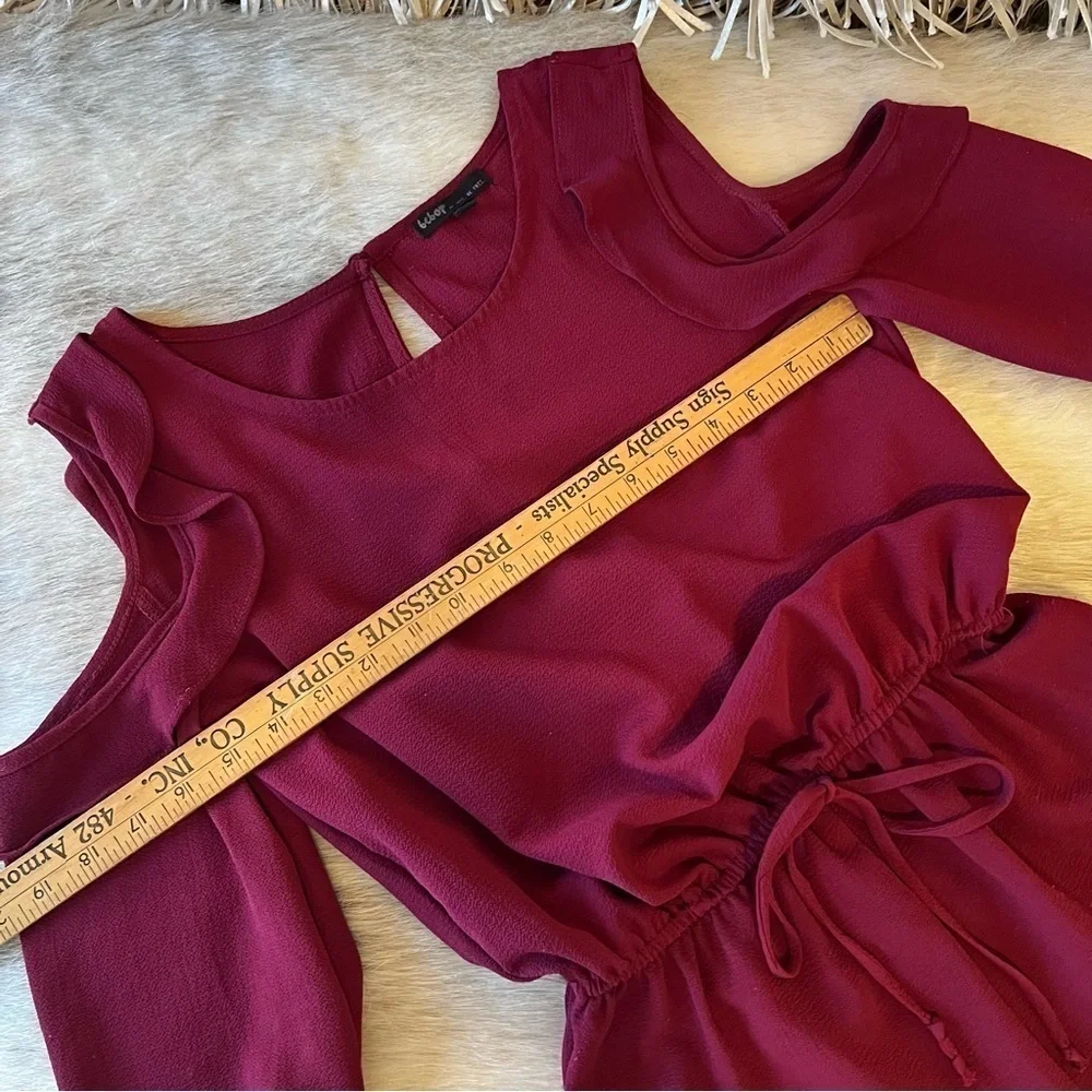BEBOP Maroon Cold Shoulder Ruffles XS Elastic Waist Short Romper Crape Buttons