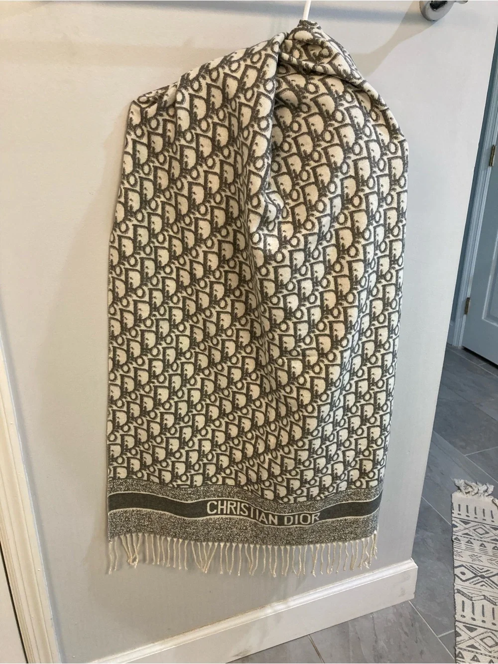Christian Dior Oblique Logo Scarf in Grey Cashmere