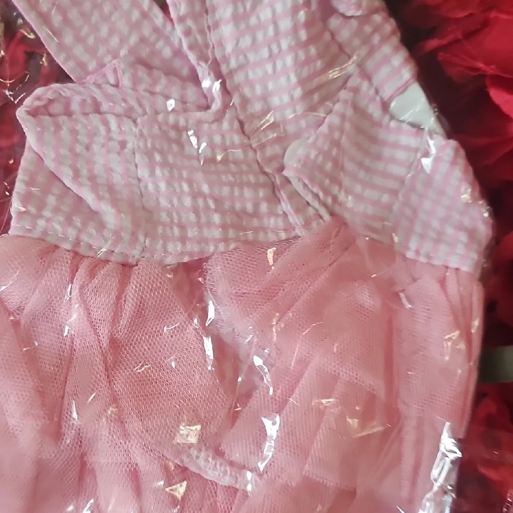 Dog Dress Pink & White Striped Tulle Button Snap Size Xsmall