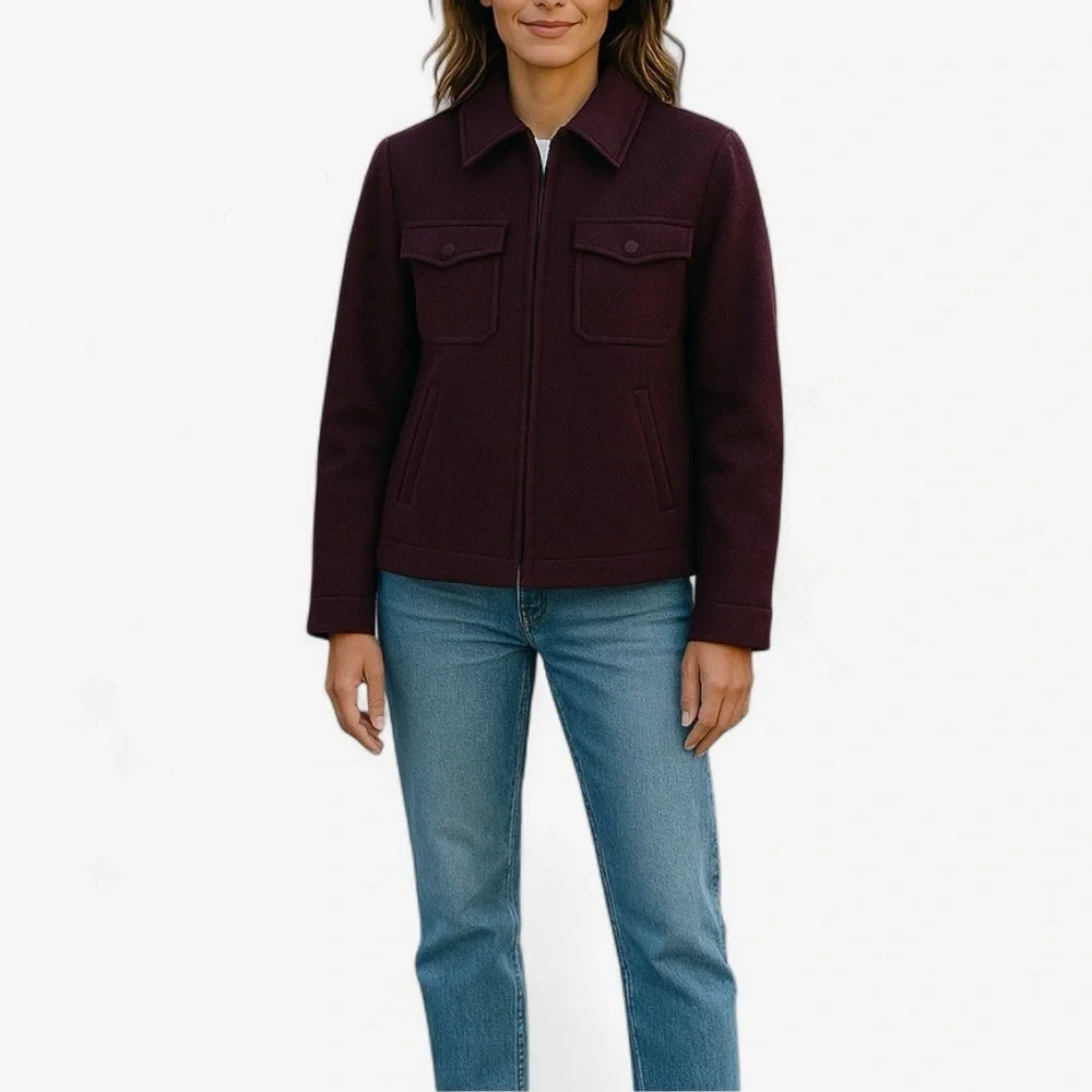 J.Crew | Wool Blend Zip Jacket Small‎ Burgundy Point Collar Utility Pockets