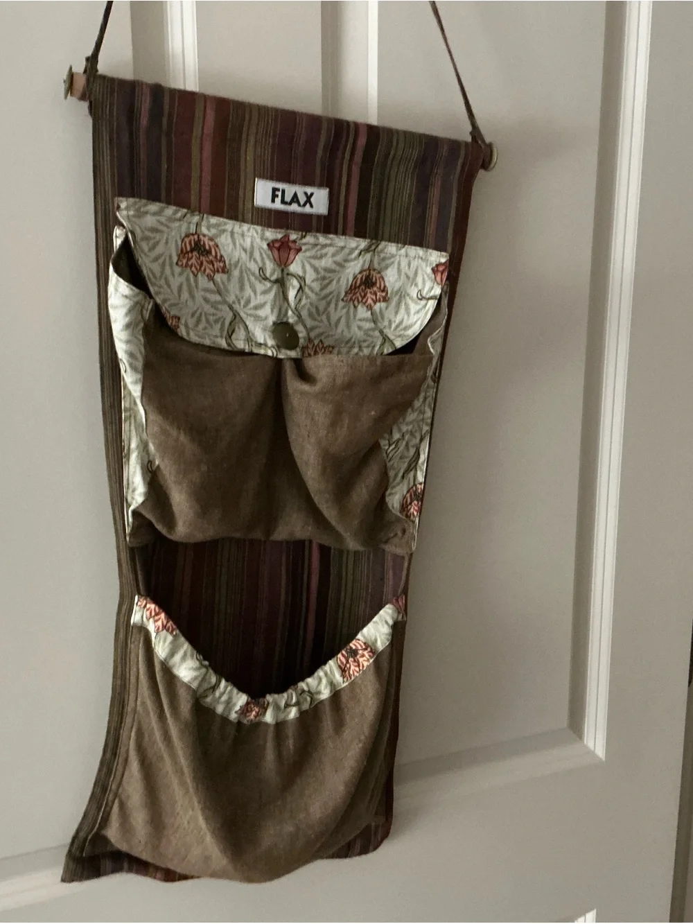 Flax Brown and Olive Floral-Trim Hanging Organizer
