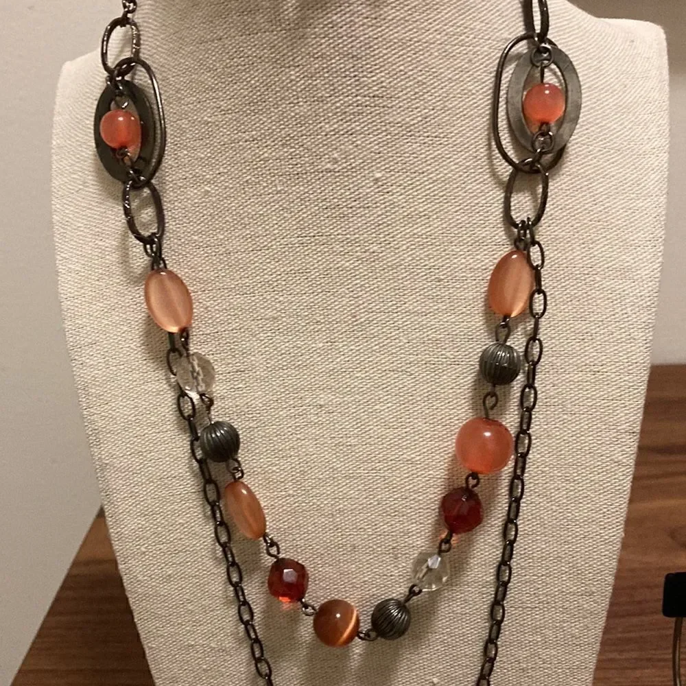 Set of Glass Beaded Dual Layered Necklace & Matching Hoop Earrings.