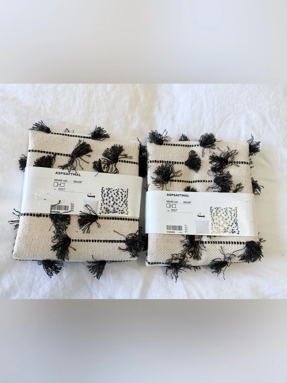 IKEA ASPSAFTMAL | Set Of 2 | Pillow Shams Cover Cream Black Tassels 20x20