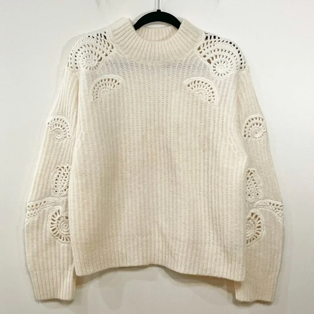 New Vince Crochet Shell Alpaca Wool Sweater Cream XL $525