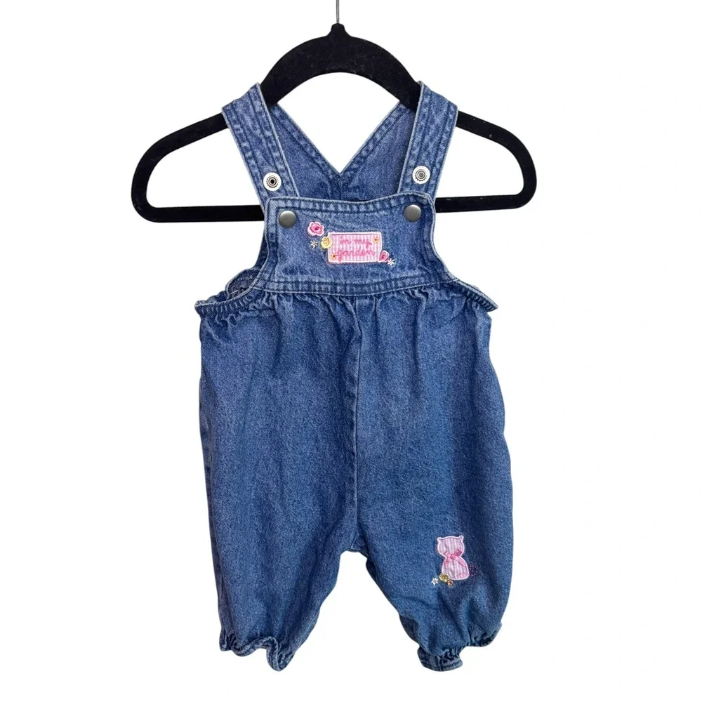Vintage Carters Tykes Denim Overalls Baby Girls 0-3M Embroidered Garden Cat