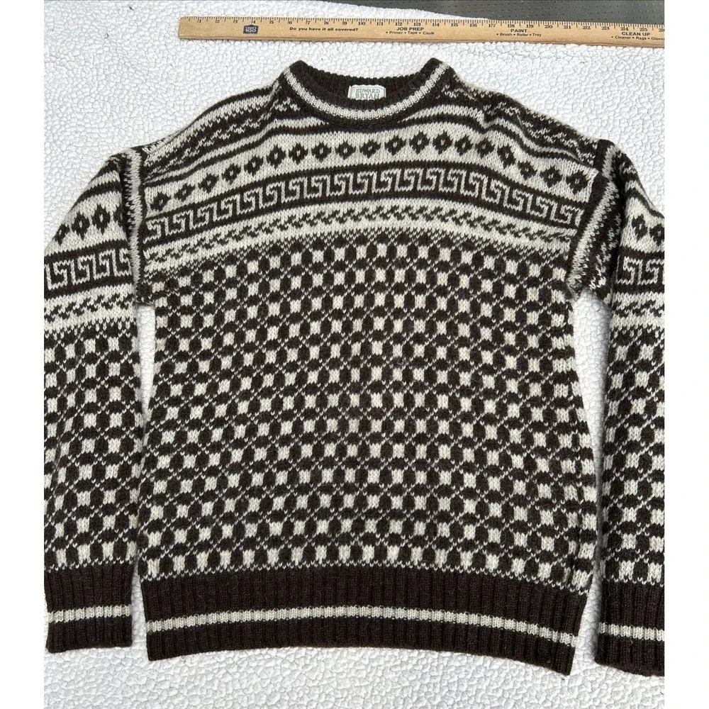 Edward Bryan Mens XL Wool Sweater Brown Cream Greek Key Made in England