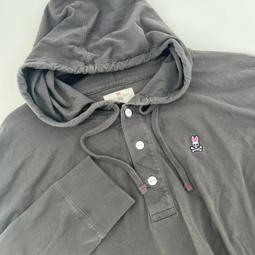 Psycho Bunny XL Gray Pullover‎ Hoodie Henley Long Sleeve Kangaroo Pocket Cotton