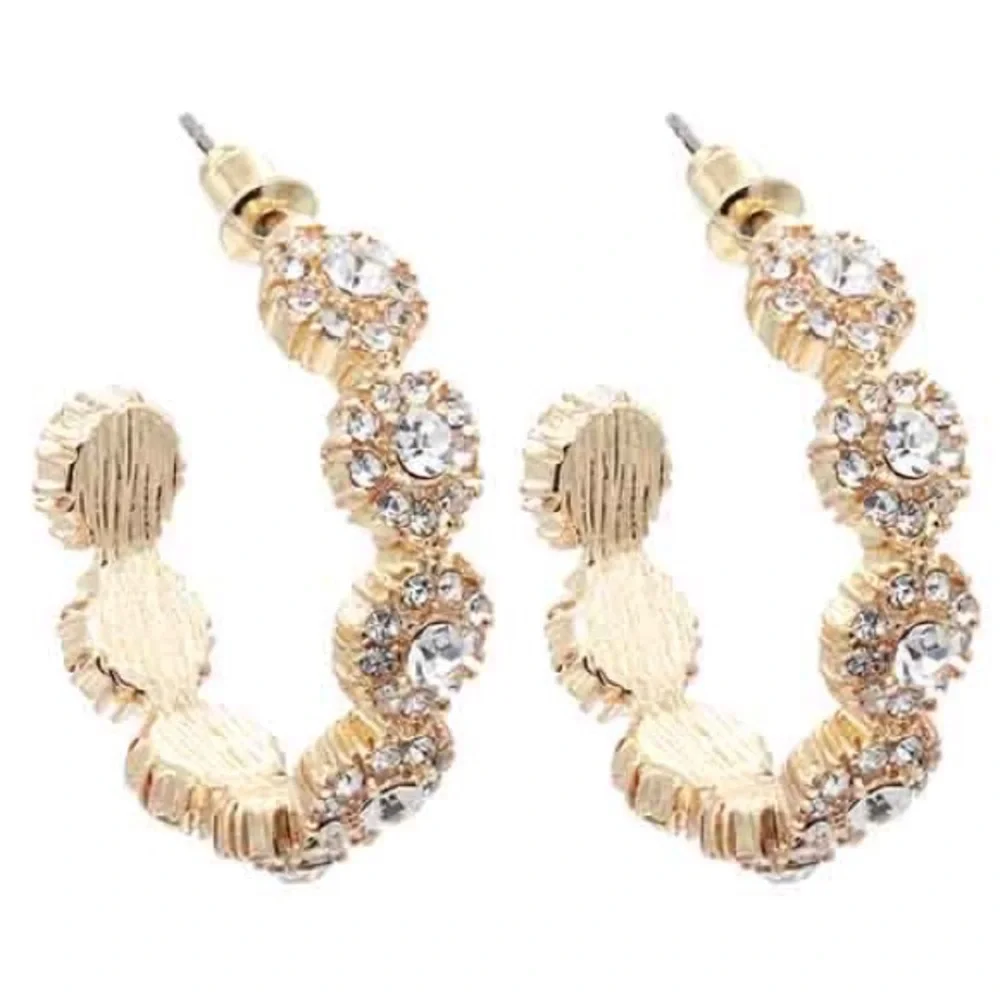 💕💕Gold Plated with Clear Crystal Flower Hoop Earrings