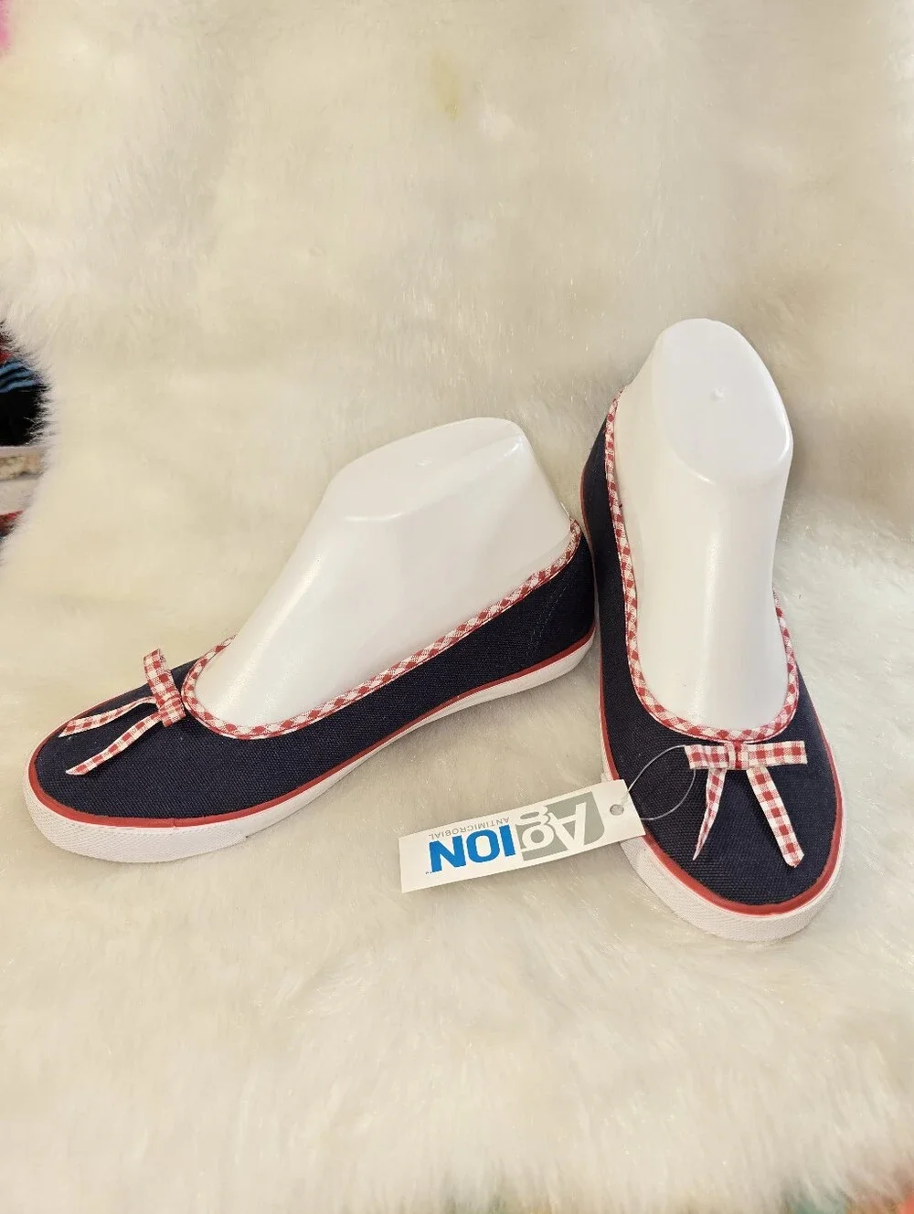 Lands End Girls Navy Canvas Ballet Flats with Red Gingham Trim & Bow