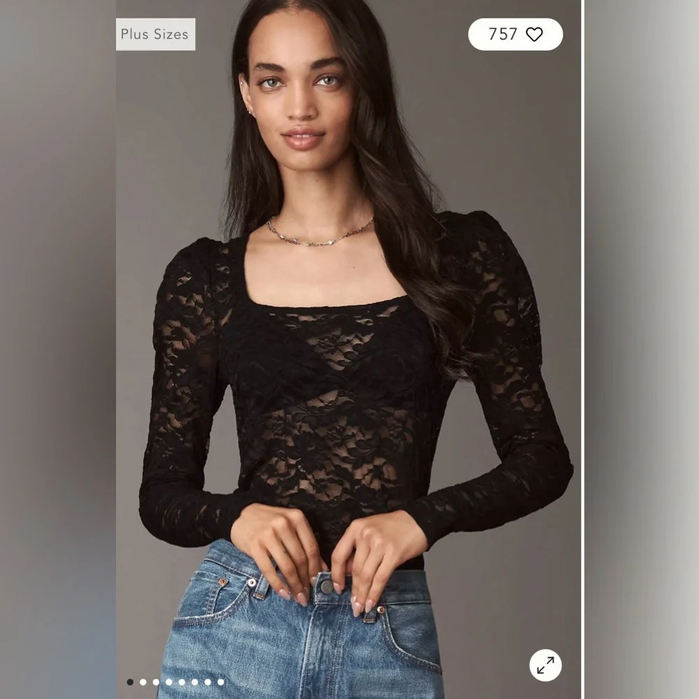Anthropologie Black Puff Sleeve Lace Top