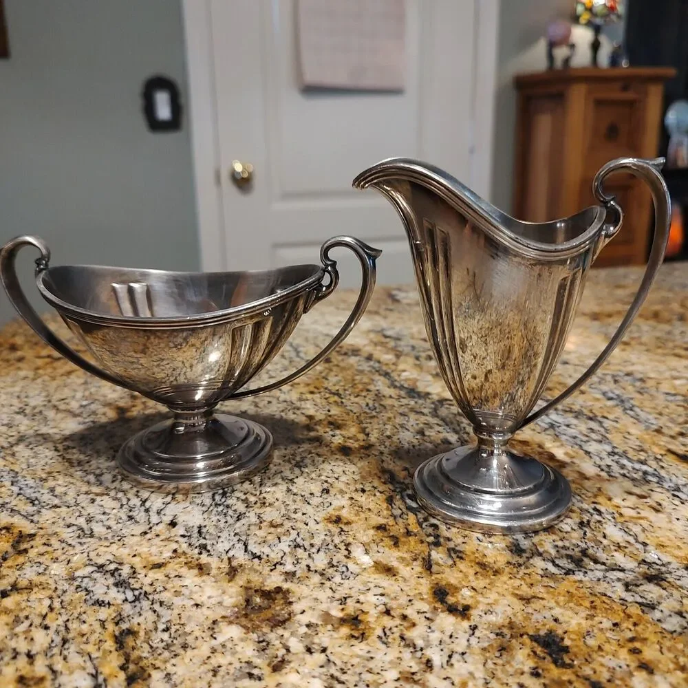 Evans EPNS Silverplate Art Deco Footed Pitcher-Style Creamer And Sugar X11