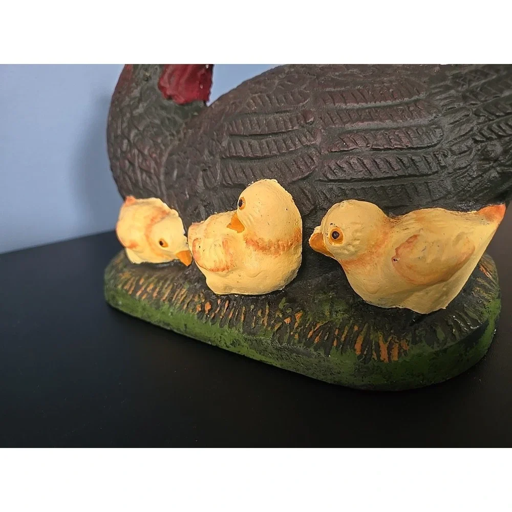 Vintage Cast Iron Painted Chicken Hen & Baby Chicks Metal Doorstop