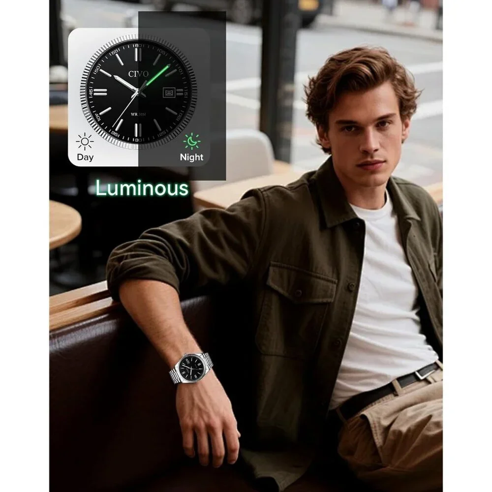 Men's Sliver- Black Stainless Steel Hook Buckle Analog Comfortable Stylish Watch