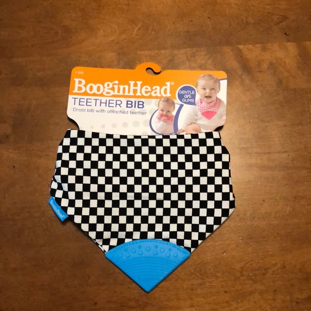 🌵 3/$15 BooginHead black white checkered bib attached blue silicone teether