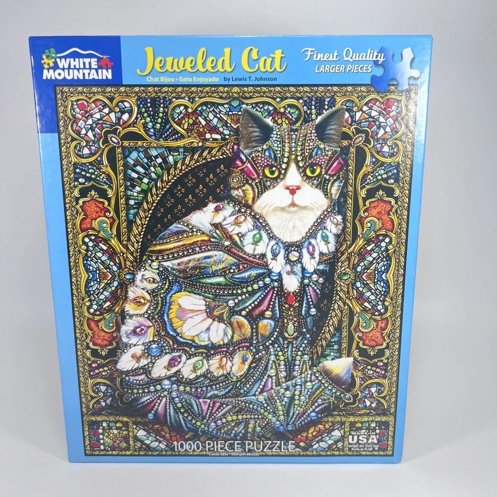 White Mountain - Jeweled Cat - 1000 piece puzzle - open box - excellent
