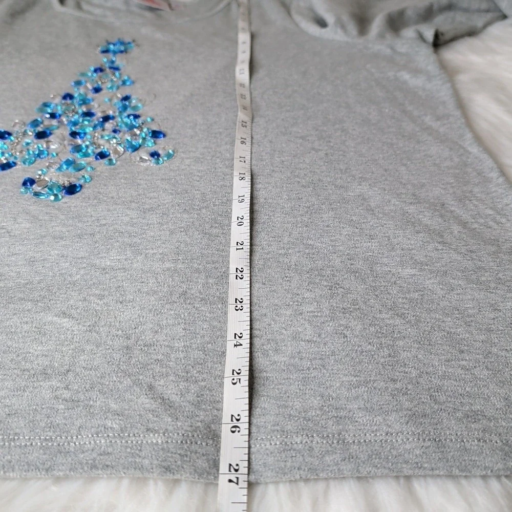 Quacker Factory Top Women 1X Grey Rhinestone Christmas Tree Long Sleeve Festive