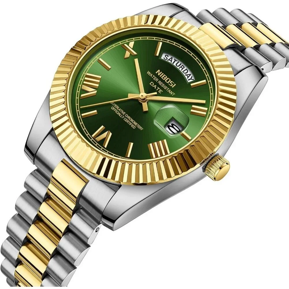 Men's Gold Silver Green Stain Steel Analog Classic Design Stylish Wrist Watch