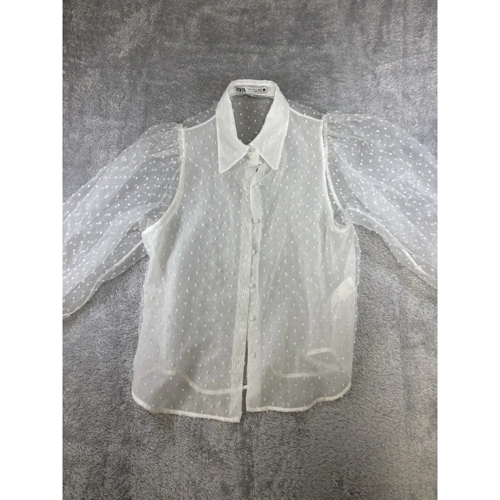ZARA Blogger Favorite WOMENS S Swiss Dot Blouse Top Sheer Puff Sleeve 0744
