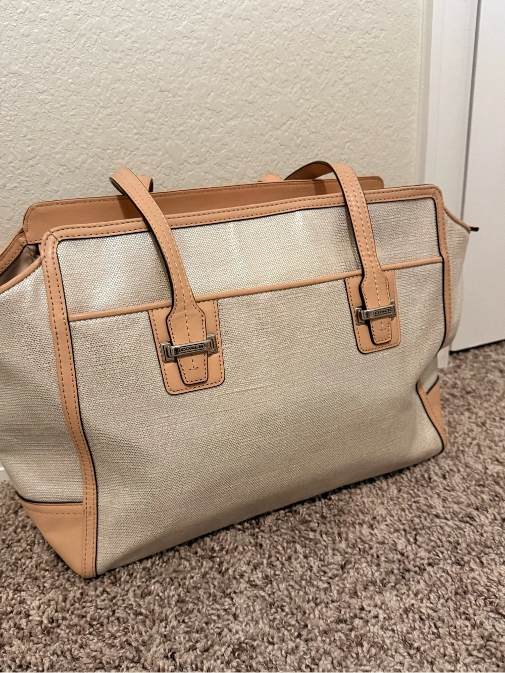 Coach Taylor Carryall Bag Metallic Silver Coated Canvas Camel Tan Leather Tote