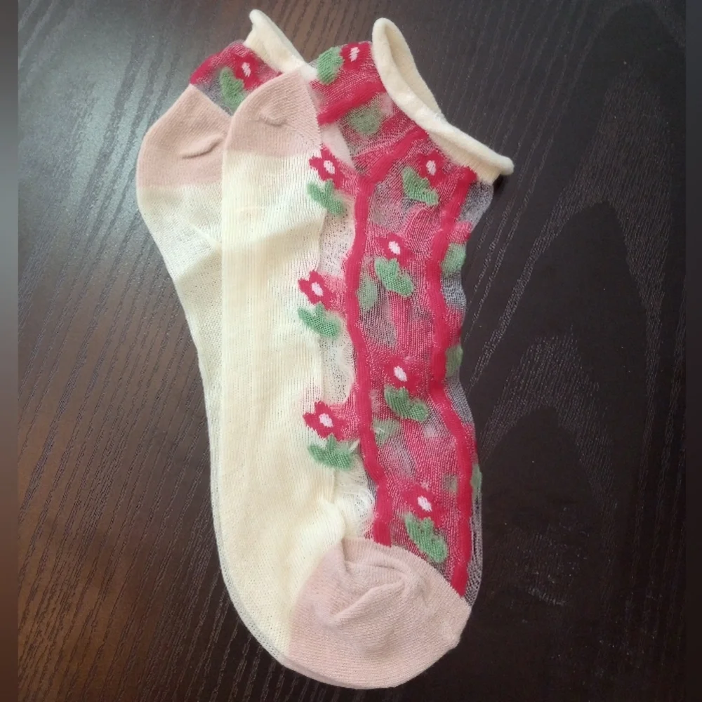 Cream Red Maroon Floral Sheer Ankle Spring Summer Socks Breathable Lace