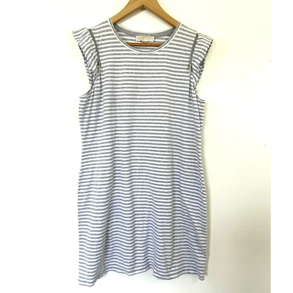 Michael Kors Womens Striped Ruffle Sleeve Mini Dress Size XL Grey White Casual