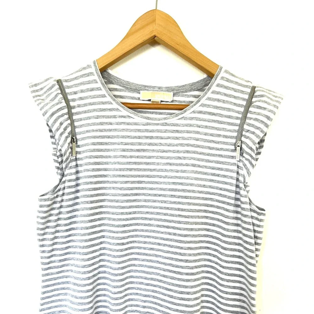 Michael Kors Womens Striped Ruffle Sleeve Mini Dress Size XL Grey White Casual