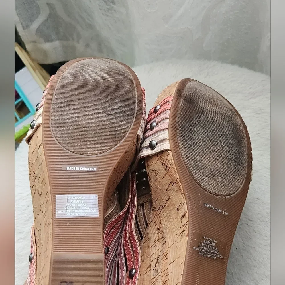Lucky Brand Mykayla Canyon Clay Ombre Cross Strap Cork Wedge Platform Size 8.5
