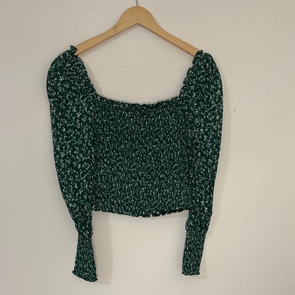 Reformation Pinto Green Floral Smocked Top Blouse XS Romantic Sheer Coquette