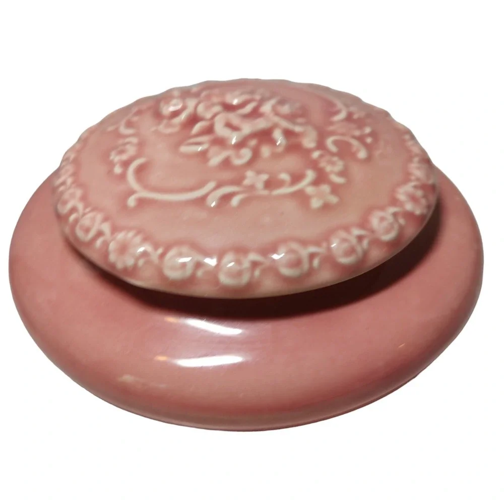 Vintage Handmade Ceramic Powder Trinket Box Pink Angels Round 6.5 Inches SEE‎