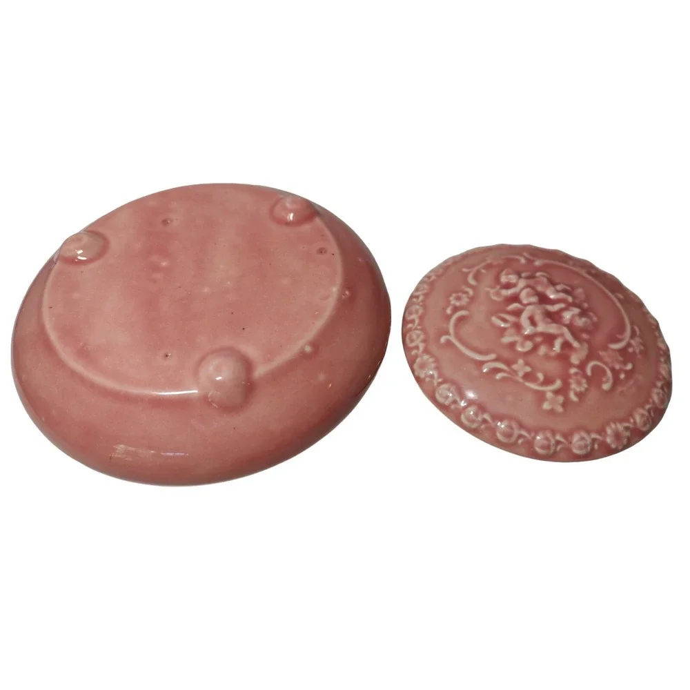 Vintage Handmade Ceramic Powder Trinket Box Pink Angels Round 6.5 Inches SEE‎