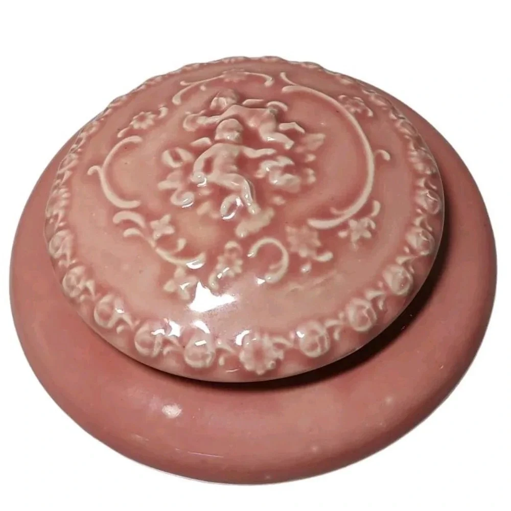 Vintage Handmade Ceramic Powder Trinket Box Pink Angels Round 6.5 Inches SEE‎
