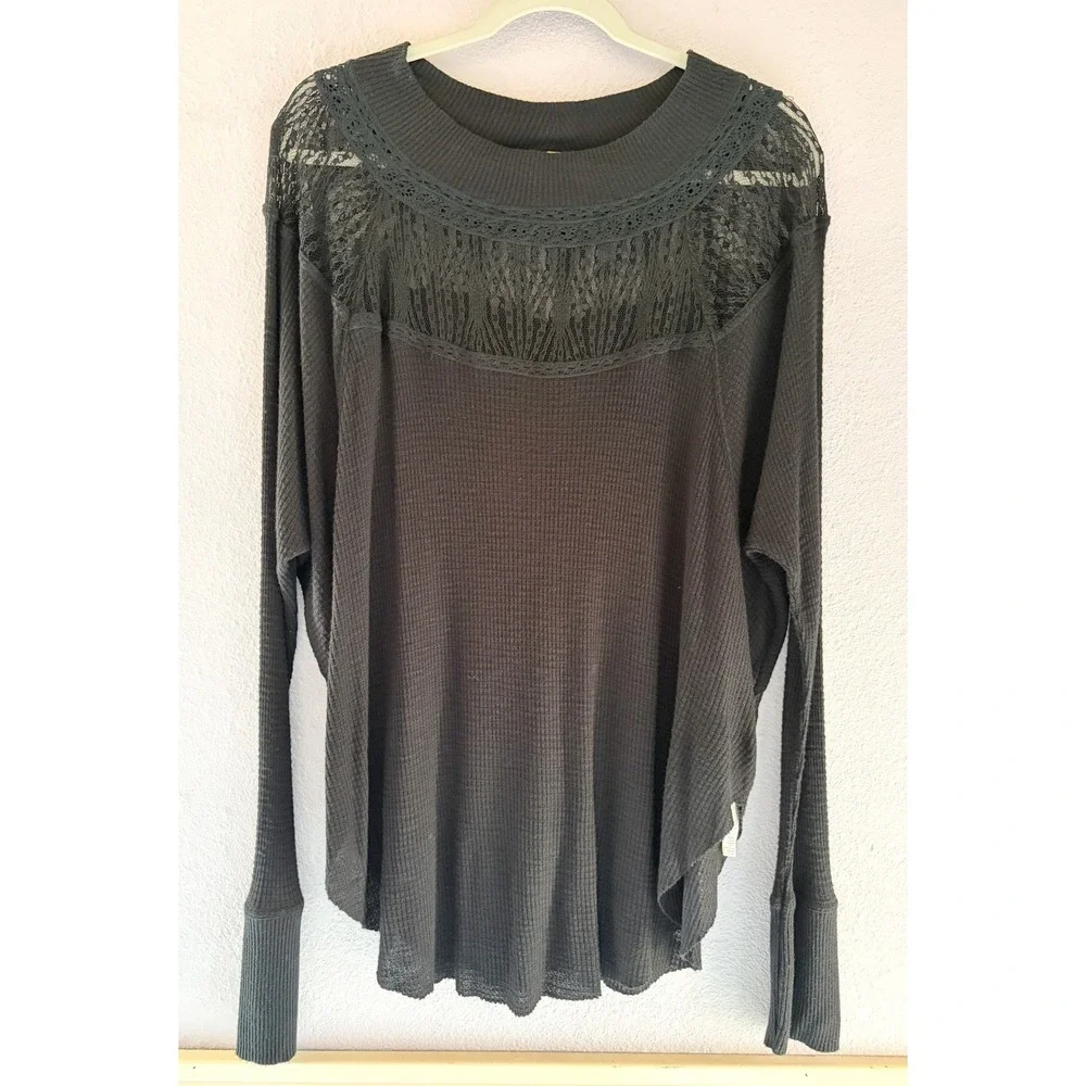 Free People Spring Valley Lace Trim Black Thermal Knit Top Size Small
