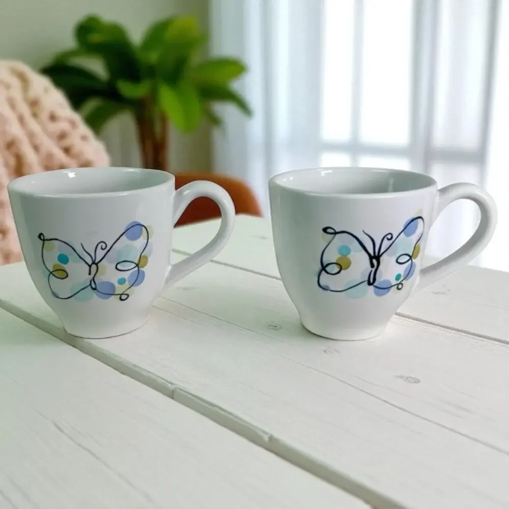 Pottery Barn Set Of 2 Ceramic Butterfly 16 Oz Coffee Mugs White Whimsical