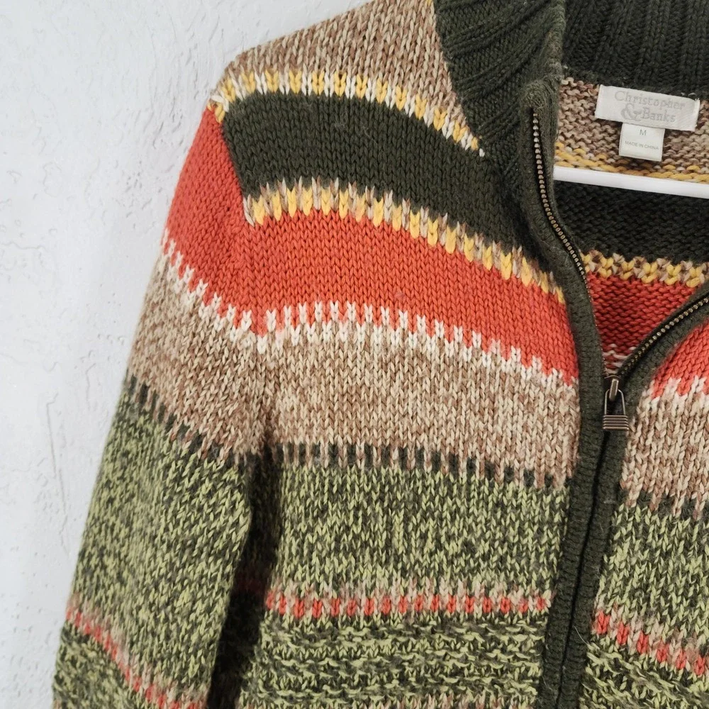 Christopher & Banks Green Striped Wool Blend Full Cardigan Sweater Grandmacore