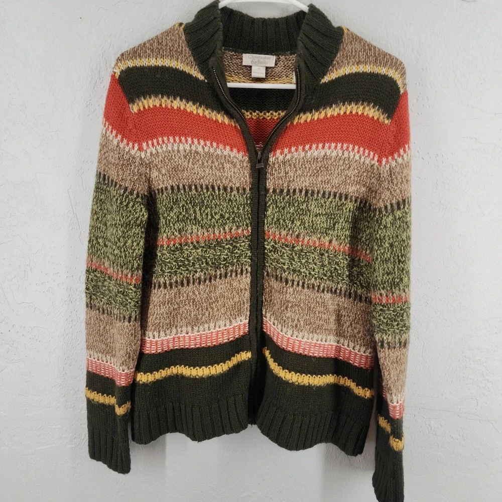 Christopher & Banks Green Striped Wool Blend Full Cardigan Sweater Grandmacore