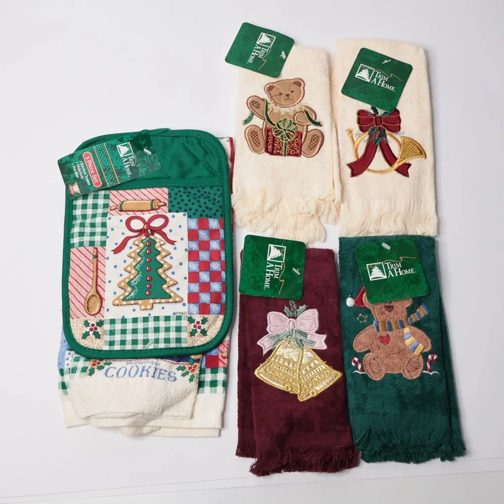 Trim A Home Vintage Christmas Kitchen Towel Set Pot Mitt Teddy Bear Gingerbread