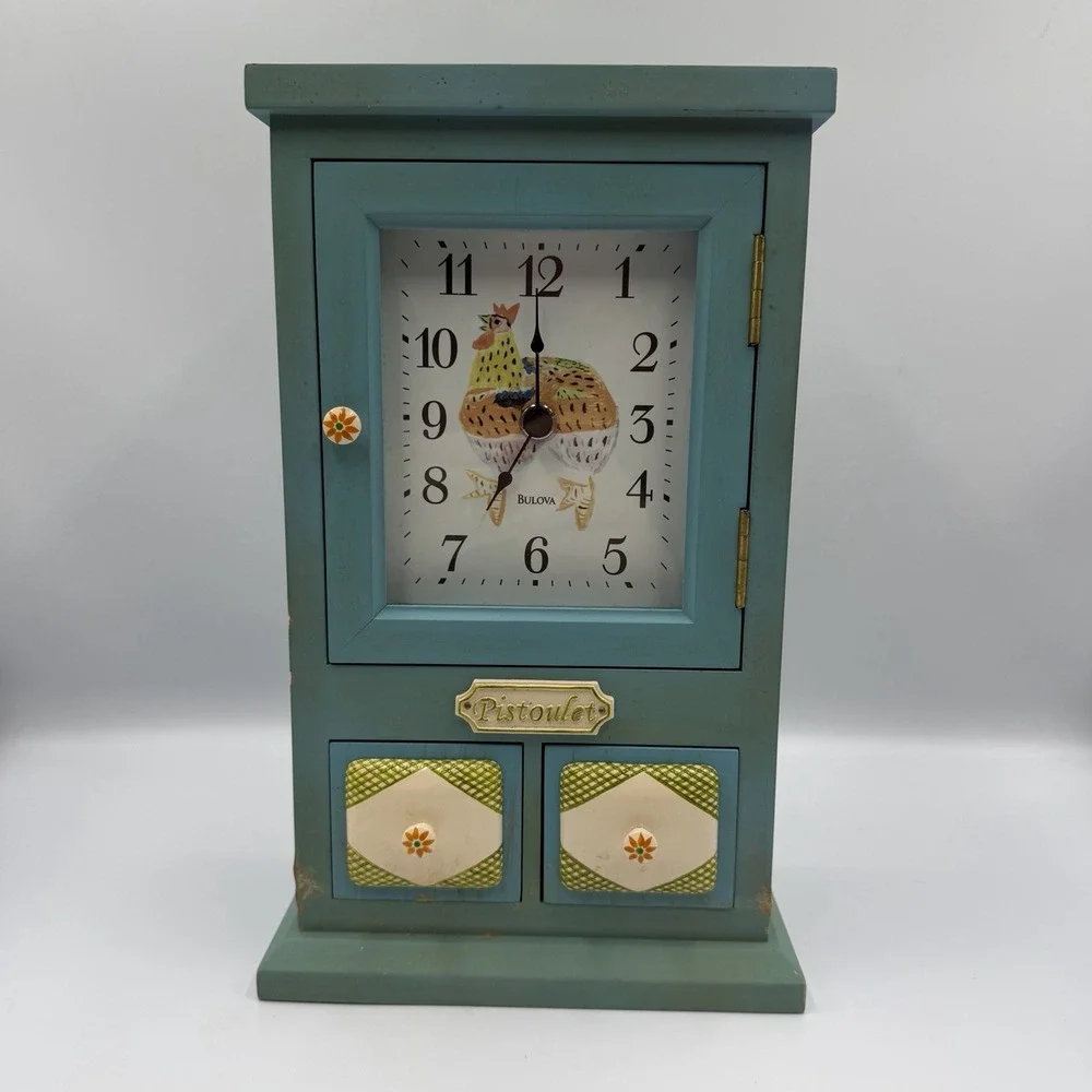 Pfaltzgraff Pistoulet Wooden Bulova Mantel Clock Blue Farmhouse Vintage Decor