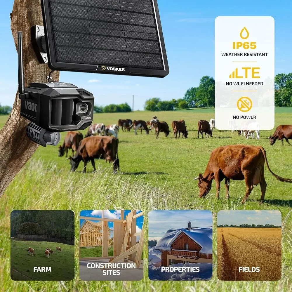 Vosker V300 Ultimate Farmers Pack Outdoor Security Camera with External Solar Pa