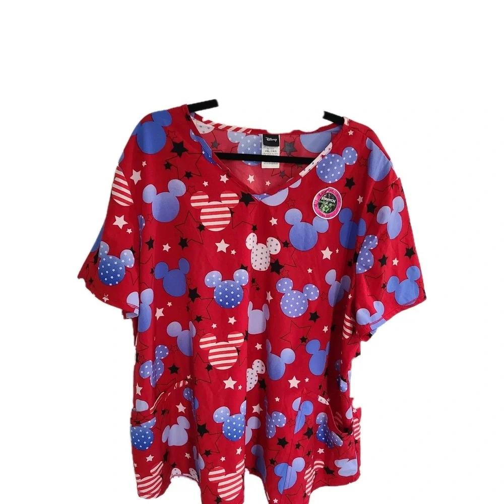 Disney ‎ Mickey Mouse Red, White & Blue Scrub Top 3XL STRETCH PATRIOTIC 3 POCKET