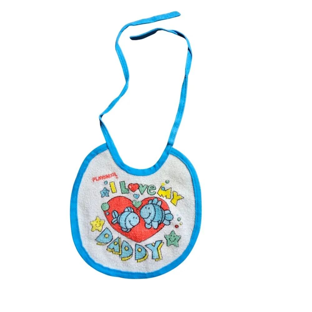 Vintage Playskool I Love My Daddy Terry‎ Cloth Baby Bib Blue Fish Tie Closure OS