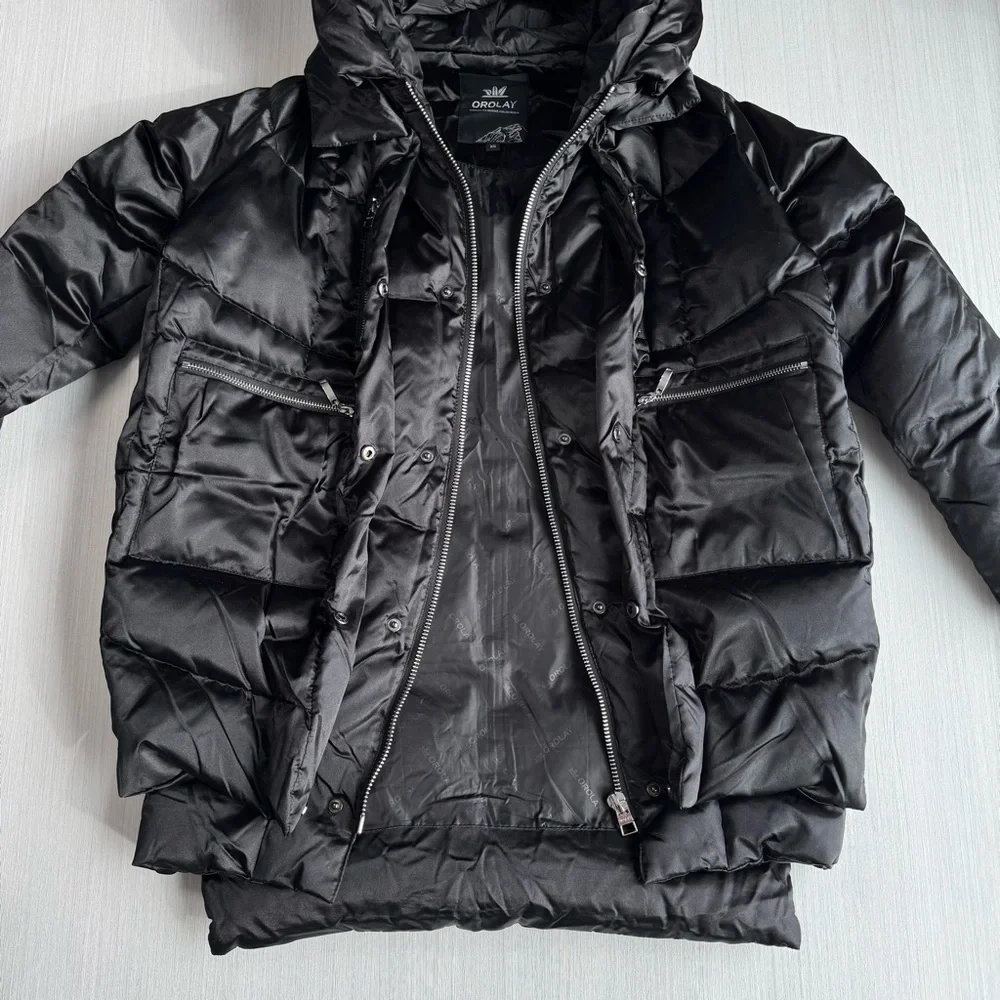 OROLAY‎ Thickened Down Coat XS Black Puffer Hooded Utility Jacket Outdoor Casual