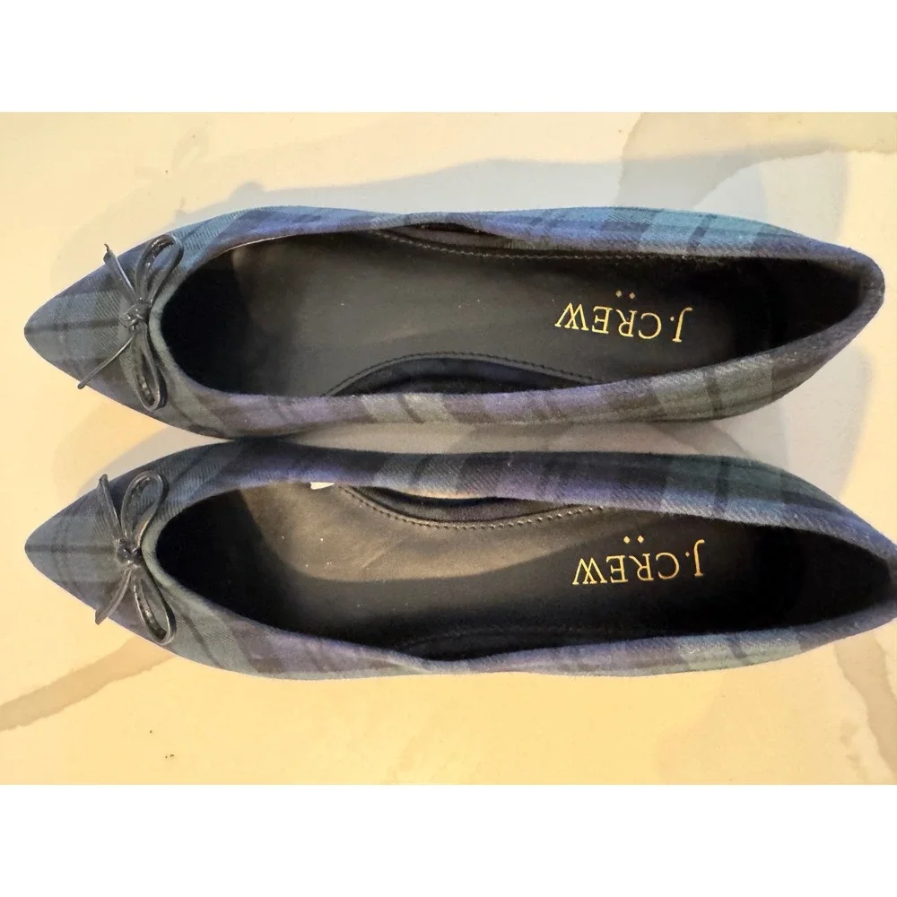 J.Crew‎ Women Black Watch Plaid Pointed Toe Ballet Flats Blue Green Bow 7.5 M